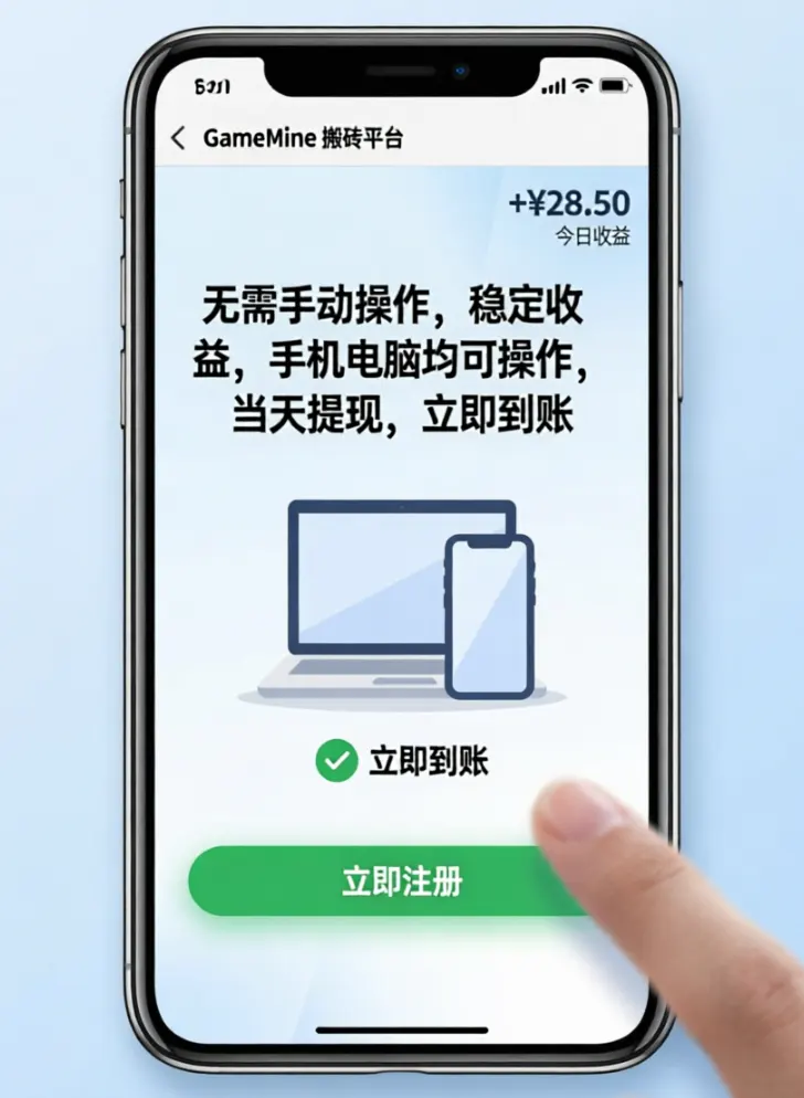 游戏搬砖项目：无需手动操作，稳定收益，手机电脑均可操作，当天提现，立即到账配图