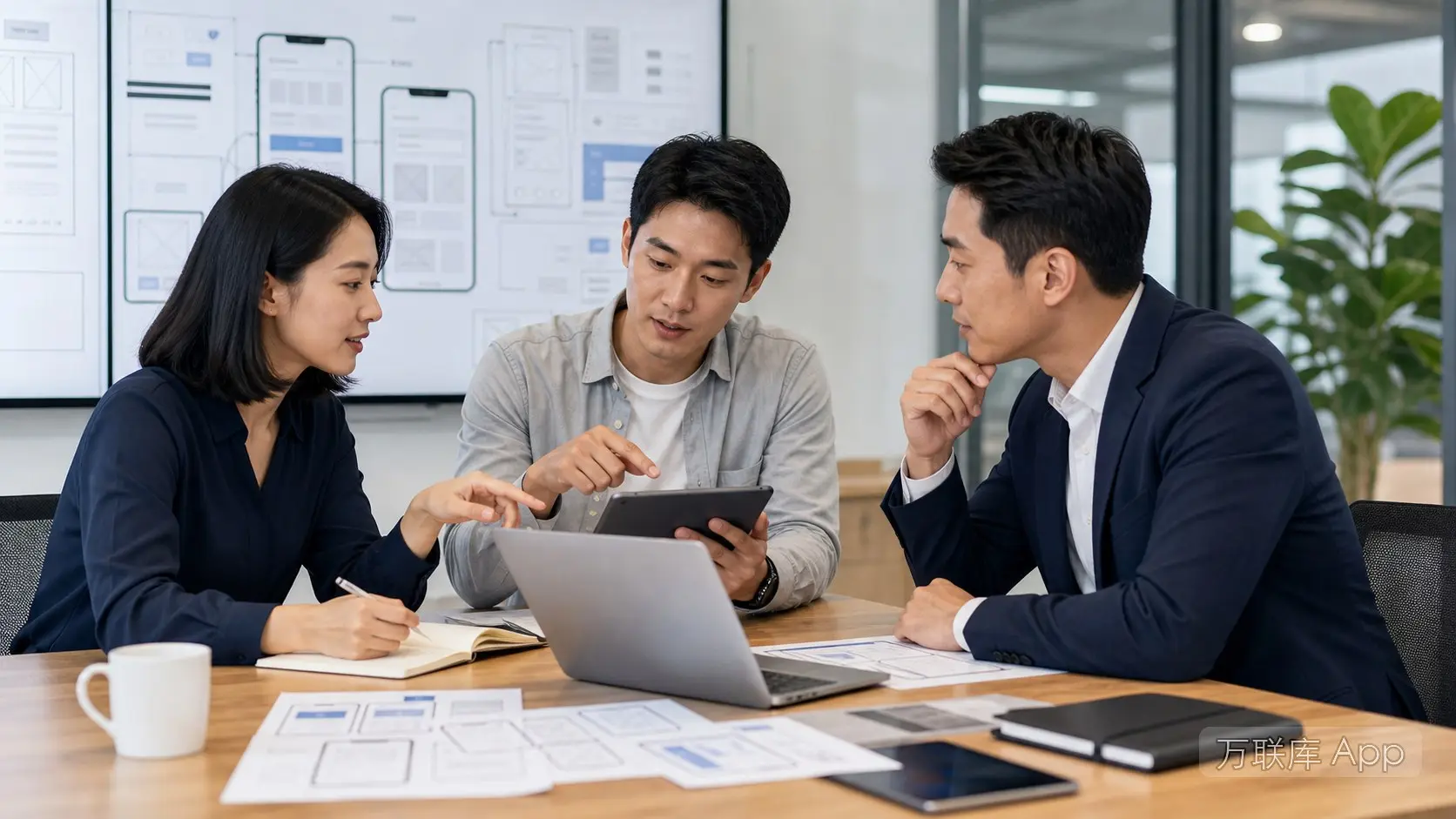 项目方在万联库 App 发布软件开发合作信息的商务场景图