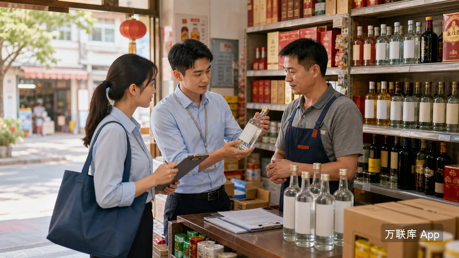 项目方在万联库 App 发布白酒地推铺货资源信息的商务场景图