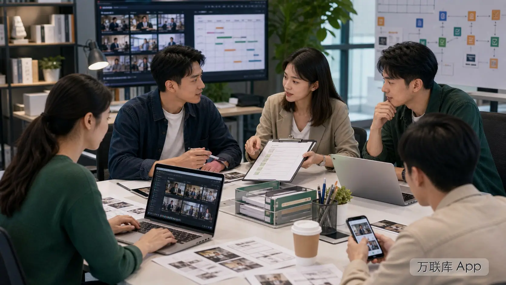 短视频服务团队在万联库 App 对接项目合作资源的商务场景图