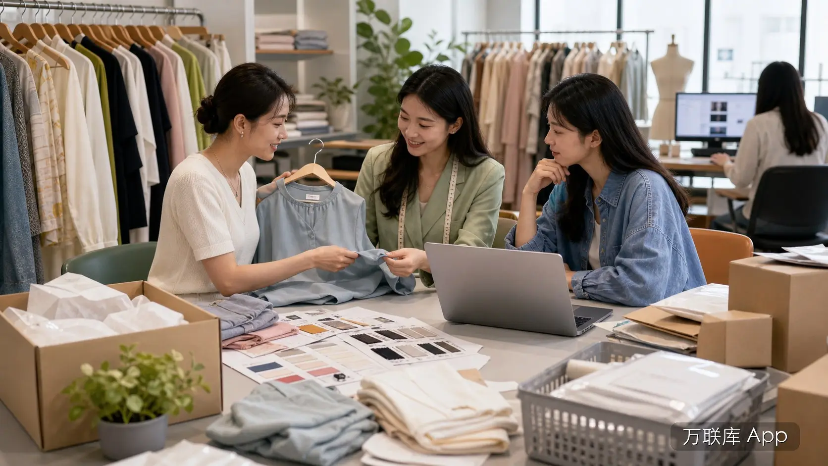女装工厂供应链在万联库 App 对接电商店主和代发合作方的商务场景图