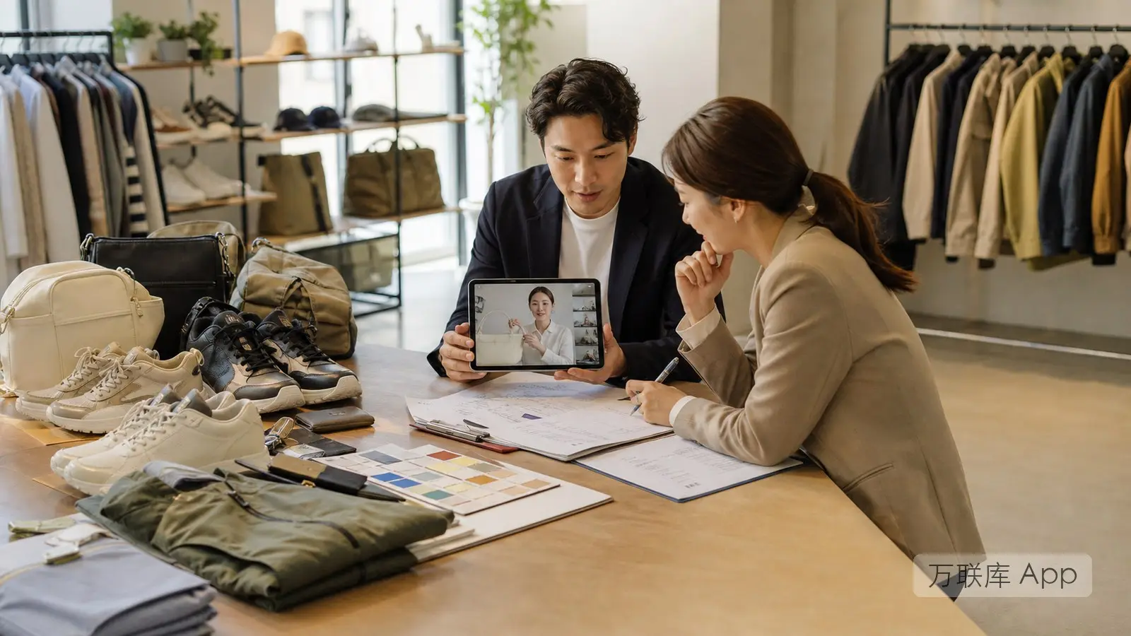 电商卖家在万联库 App 发布韩国鞋服包代购渠道合作资源信息的商务场景图