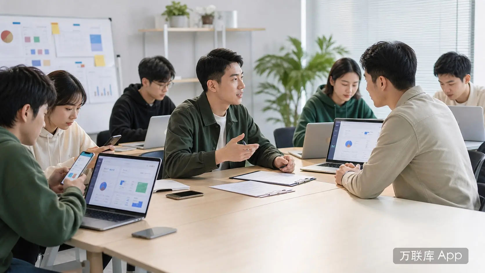 网推团队在万联库 App 发布项目合作资源信息的商务场景图