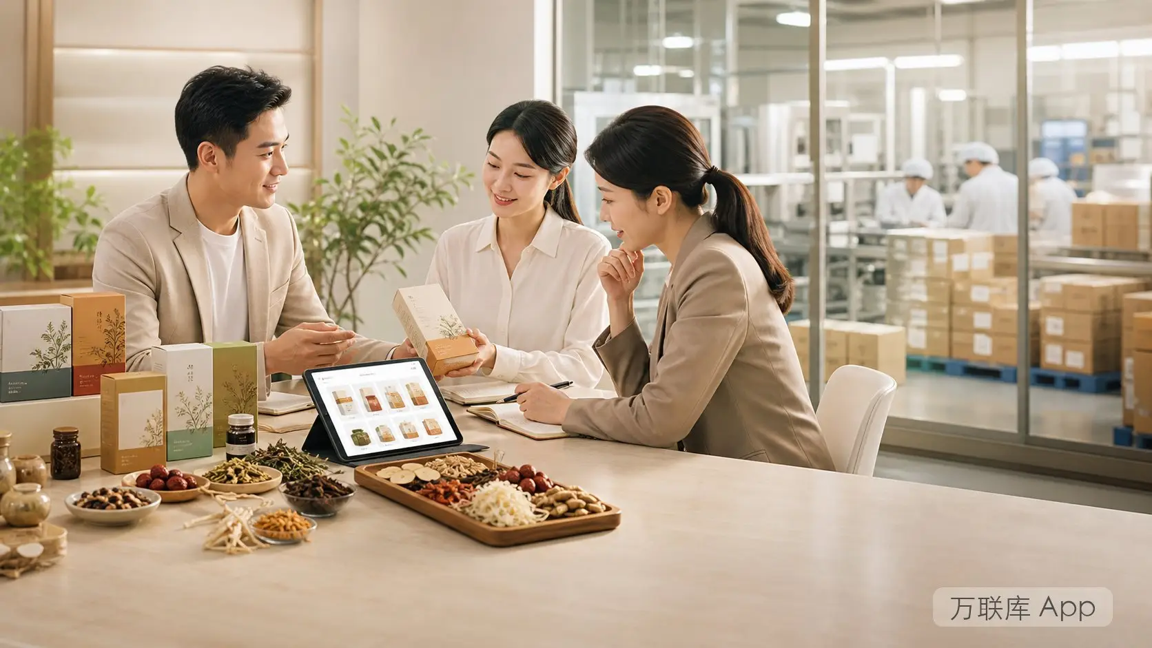 项目方在万联库 App 发布药食同源货源合作信息的商务场景图