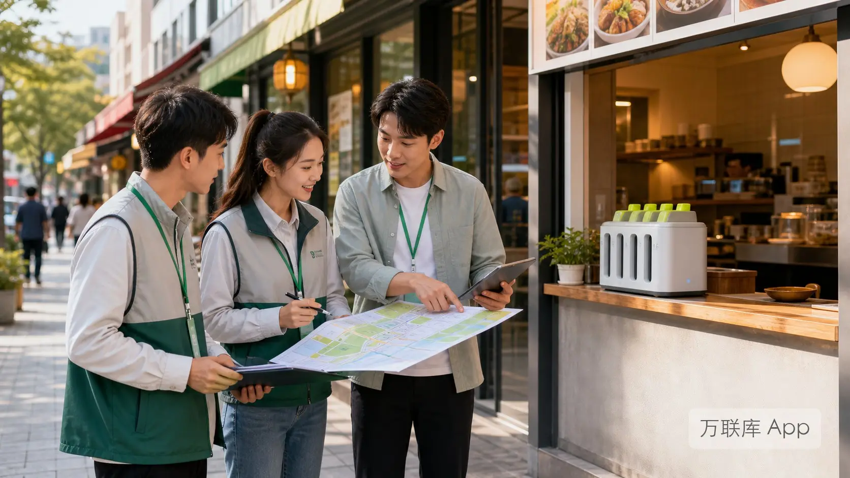 项目方在万联库 App 对接充电宝铺设渠道的商务场景图