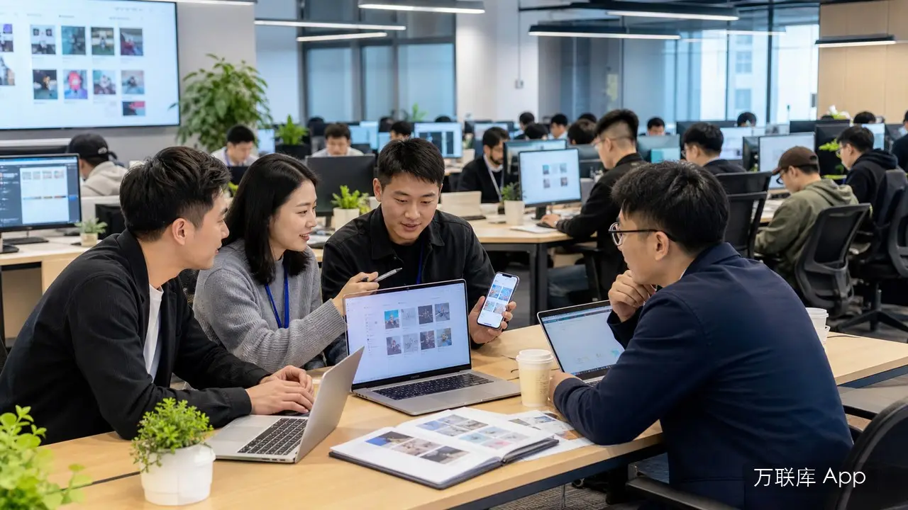项目方与代发团队沟通素材分发合作的商务场景图
