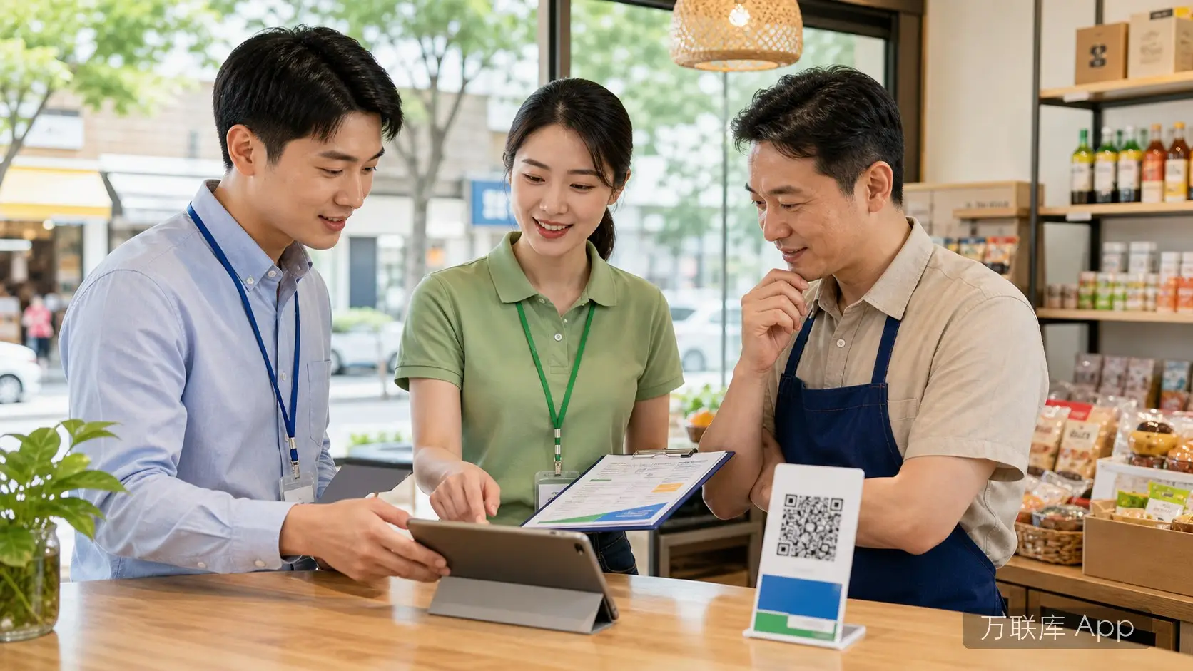 项目方在万联库 App 发布商户支付服务合作资源信息的商务场景图