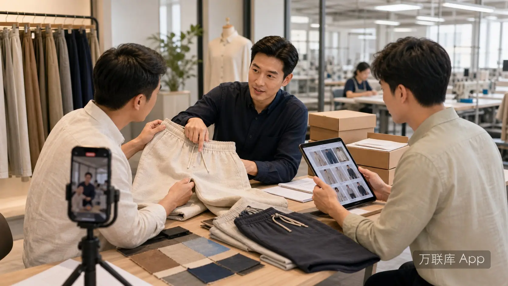 服装厂家在万联库 App 发布亚麻男裤货源合作信息的商务场景图