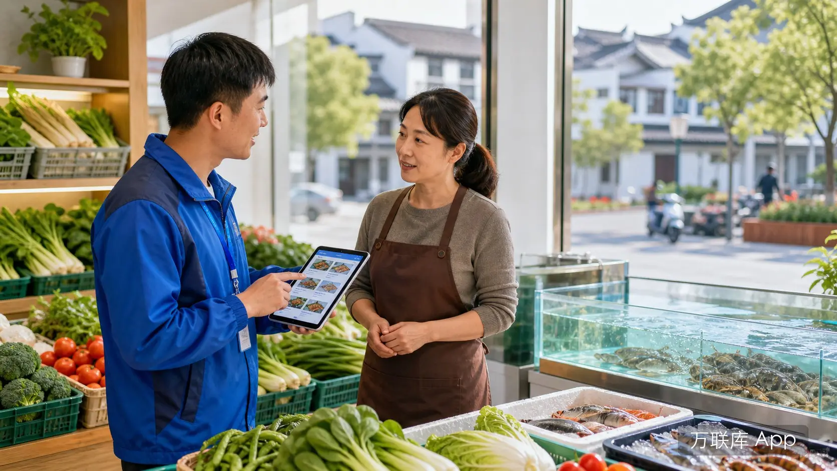 本地地推人员在万联库 App 发布生鲜门店合作资源信息的商务场景图