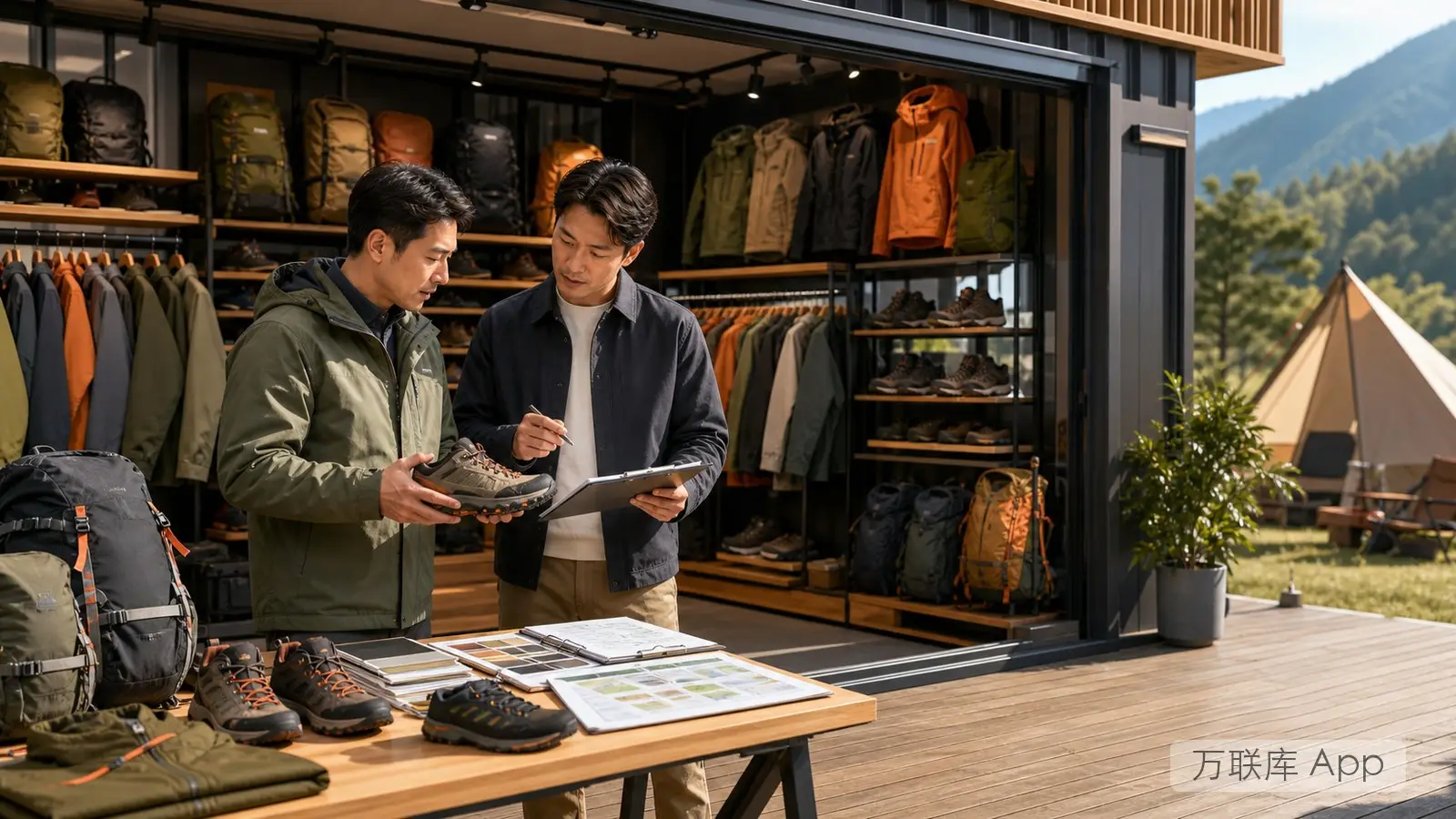 项目方在万联库 App 发布户外鞋服品牌货源合作资源的商务场景图