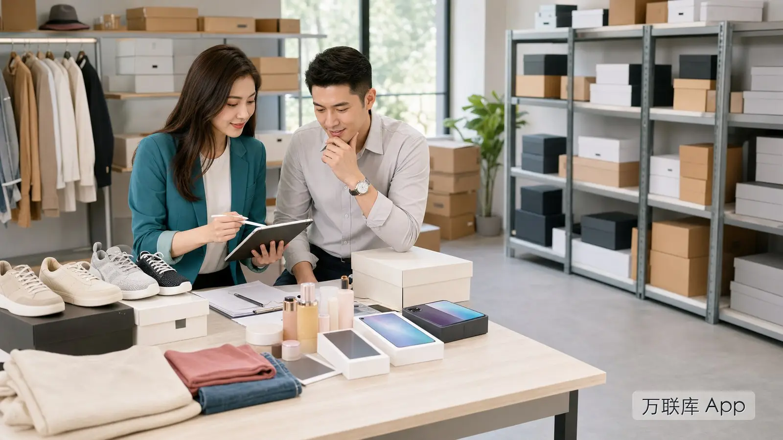 项目方在万联库 App 发布潮鞋美妆数码供货合作资源信息的商务场景图