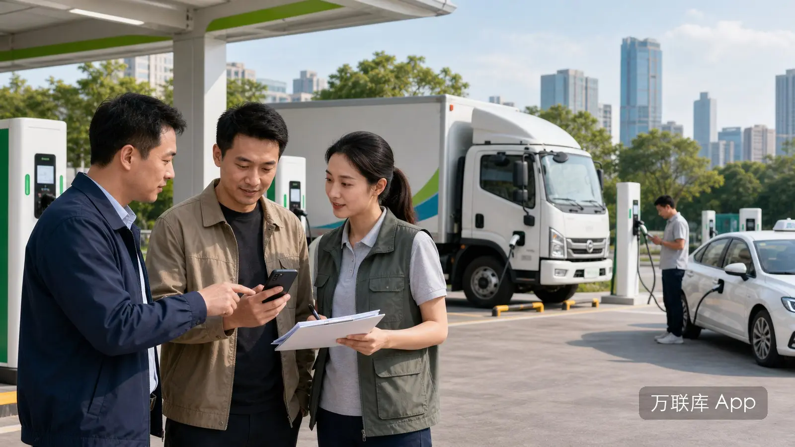 项目方在万联库 App 发布货车营运车充电小程序合作资源信息的商务场景图