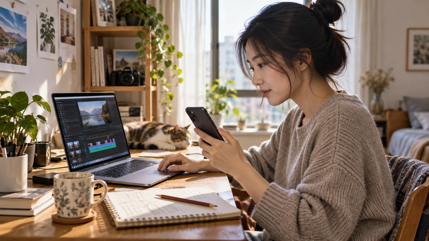 居家创作者使用电脑和手机制作内容