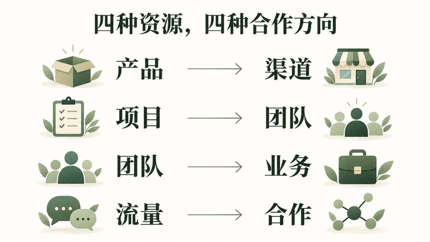 产品找渠道、项目找团队、团队接业务、流量找合作
