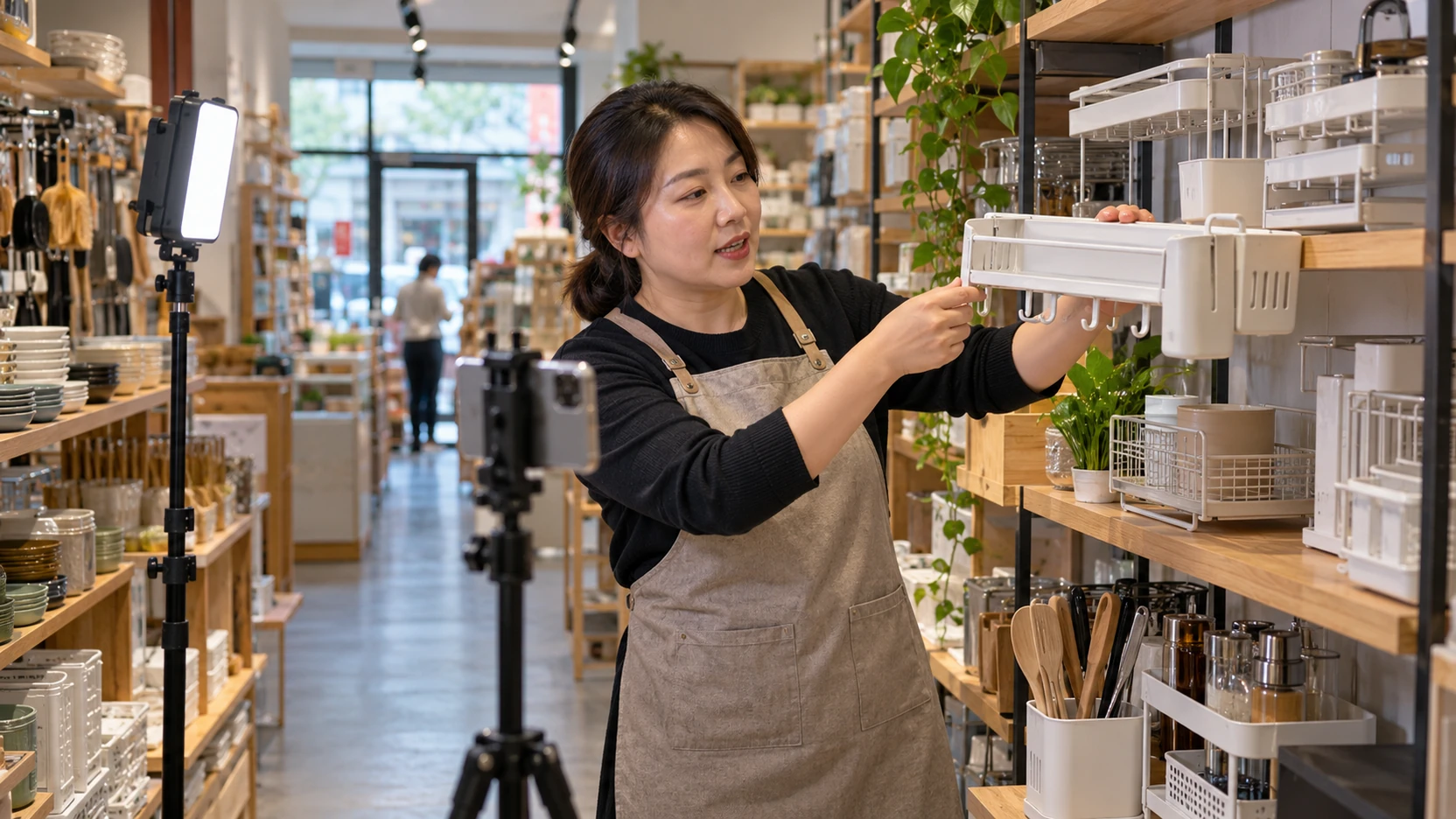 中国大陆街区小店店主演示家居用品并制作短视频