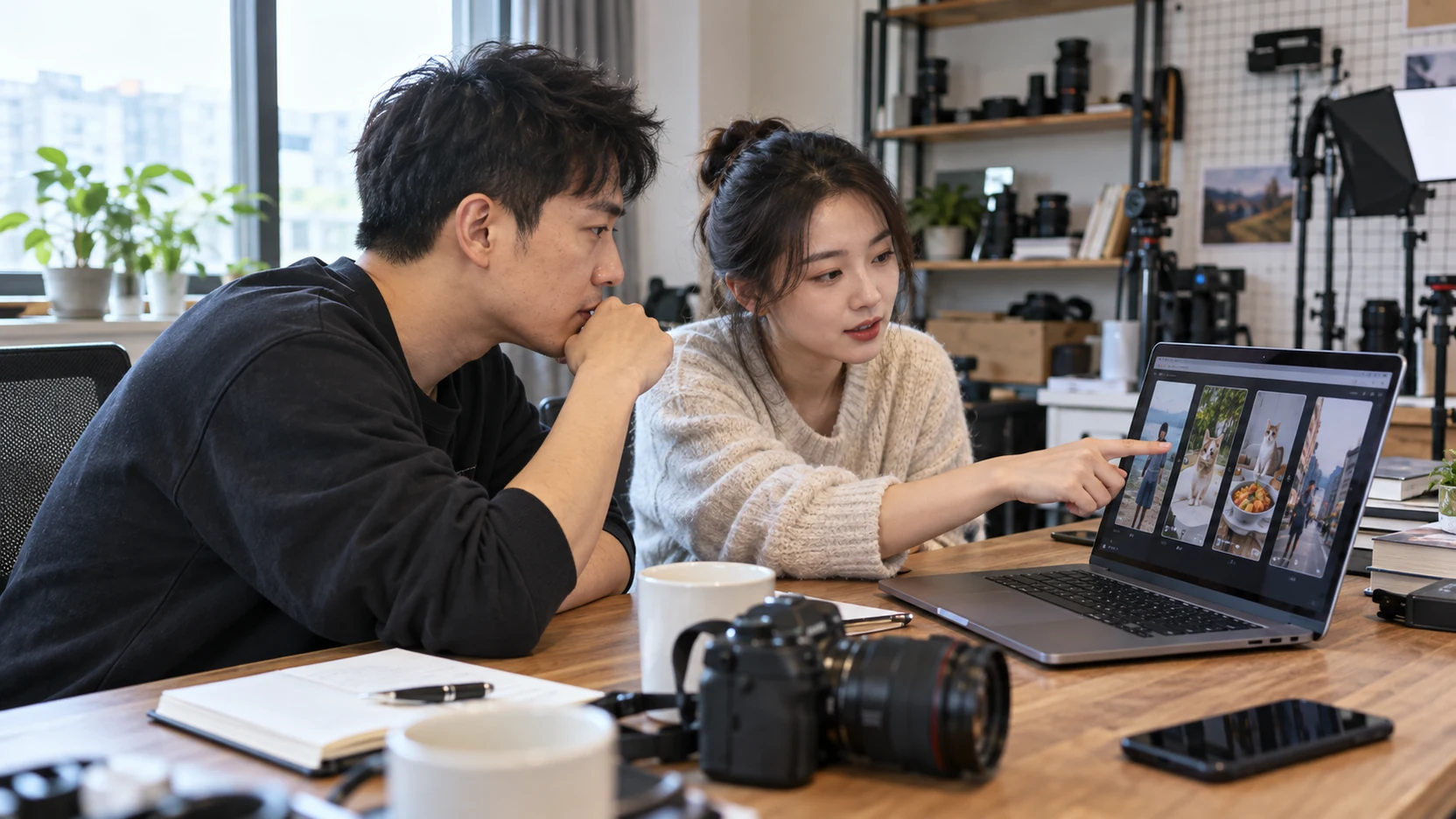 中国本地创作者与同伴在工作室讨论短视频选题和样片。