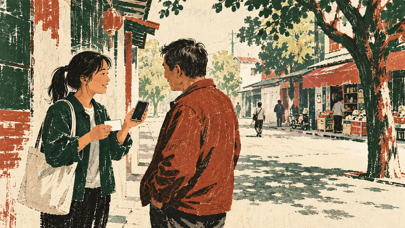 中国大陆社区街口推广者与居民交流的木刻水粉插画
