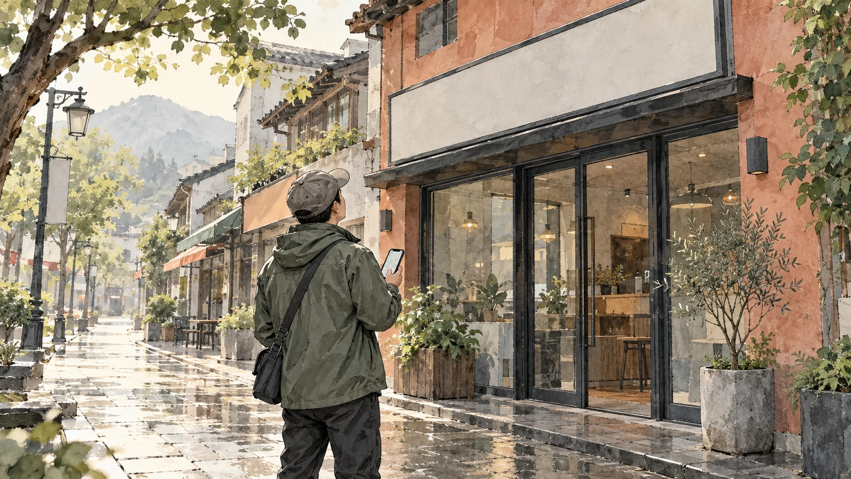 中国街区店铺外,一名本地工作者查看手机并核对空白店招,表现线下商户核验任务。