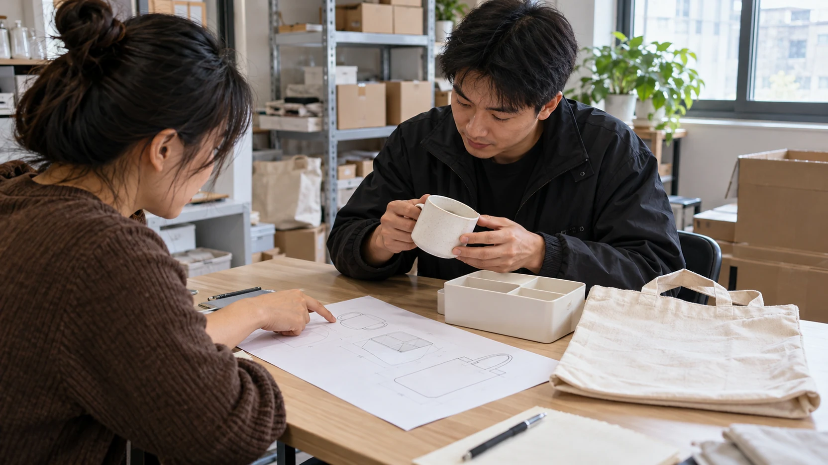 中国本地内容创作者与供货方在工作间查看无品牌商品样品和合作规格清单。