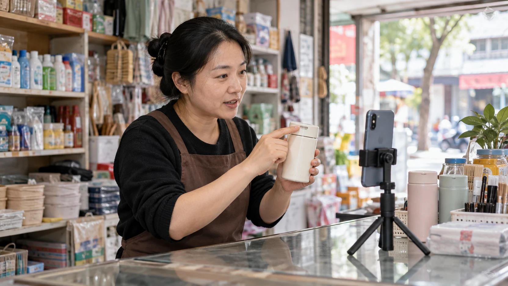 店主在实体店内录制商品短视频,展示店铺内容推广场景。