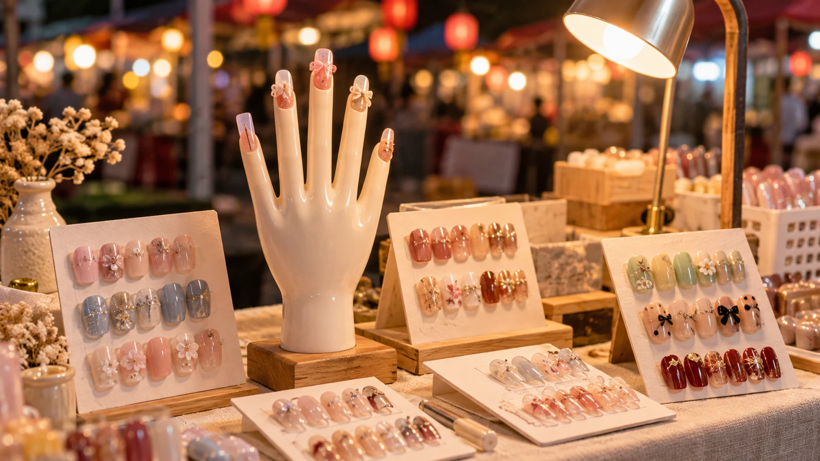 夜市暖灯下用手模展示多款穿戴甲的摊位近景。