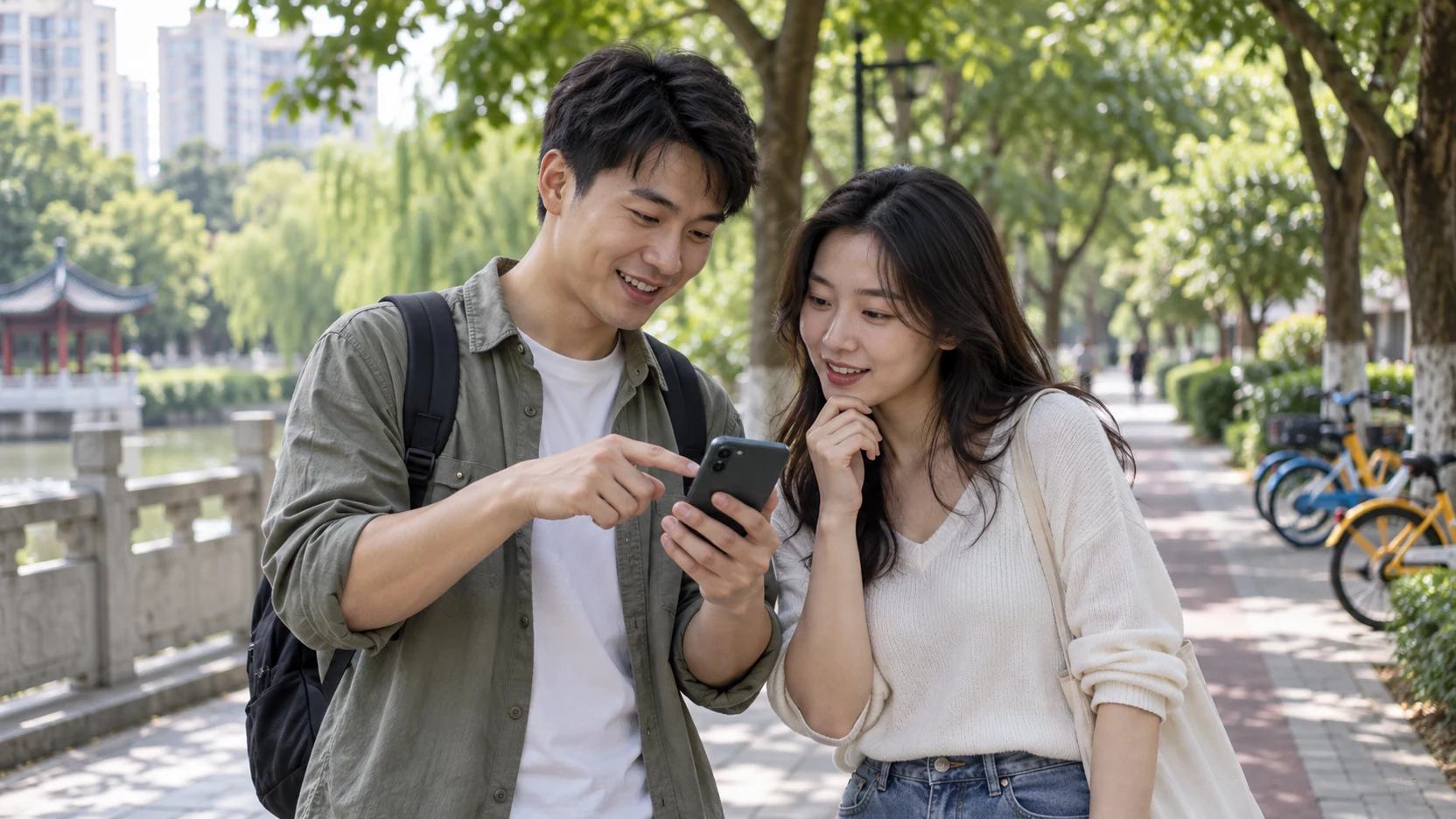 中国大陆公园里两位年轻人查看手机邀请信息的纪实照片