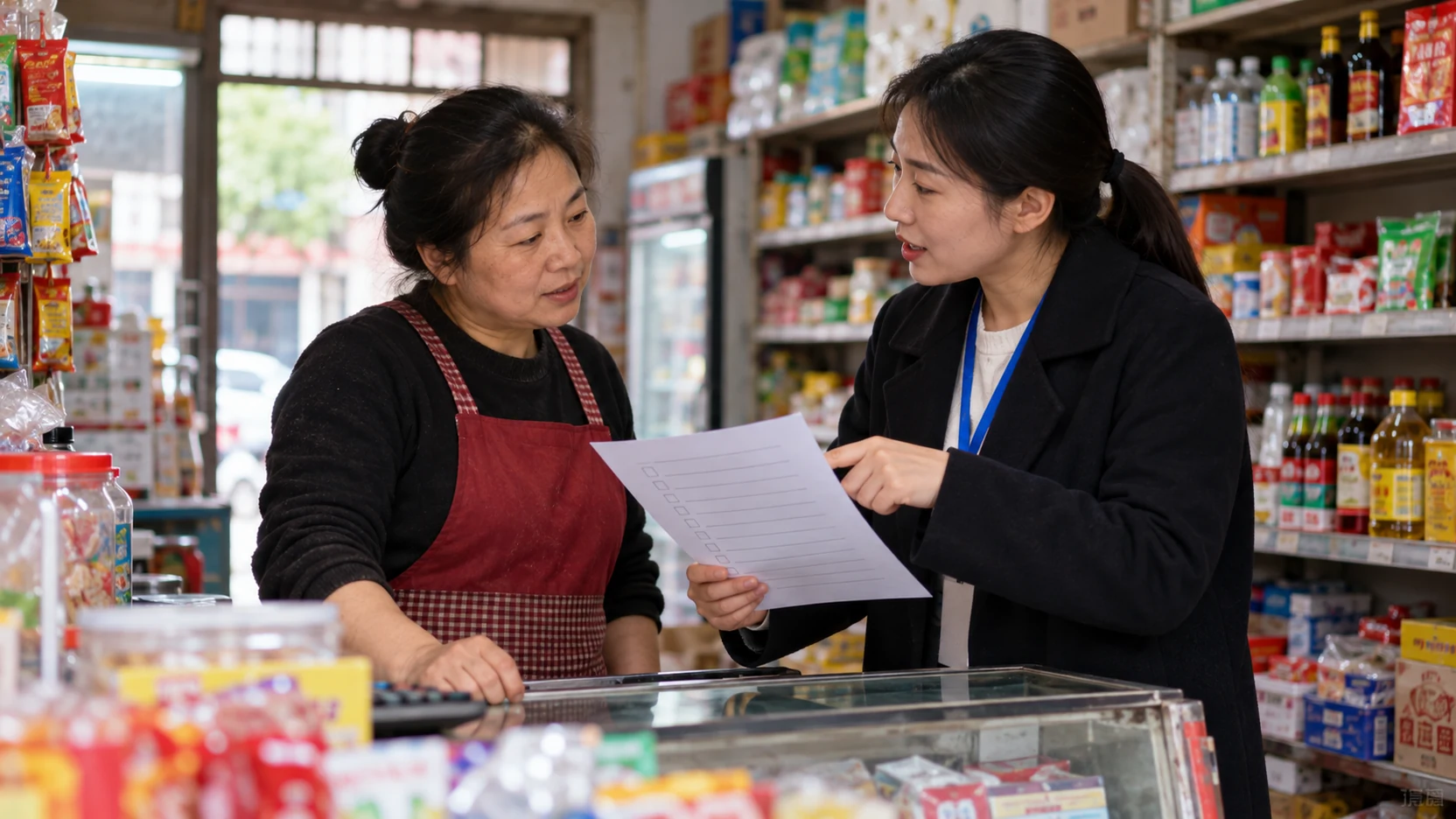 社区店主与推广执行人员在店内沟通商家推广安排。