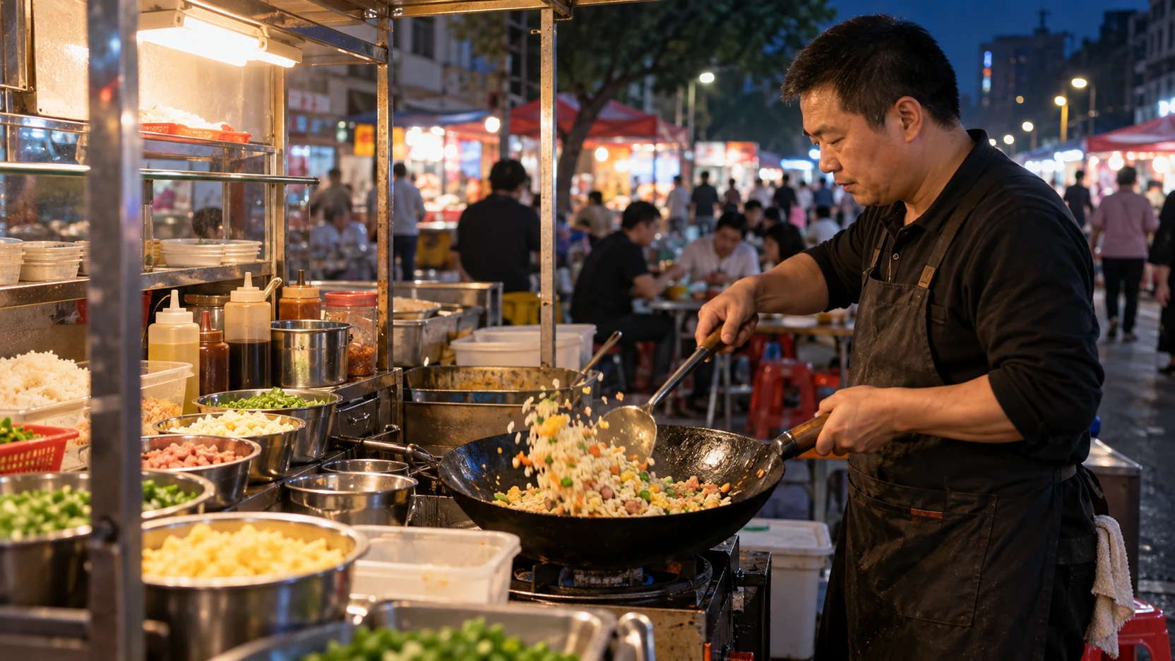 中国本地摊主在夜市餐车前翻炒炒饭，旁边备有分装配料。