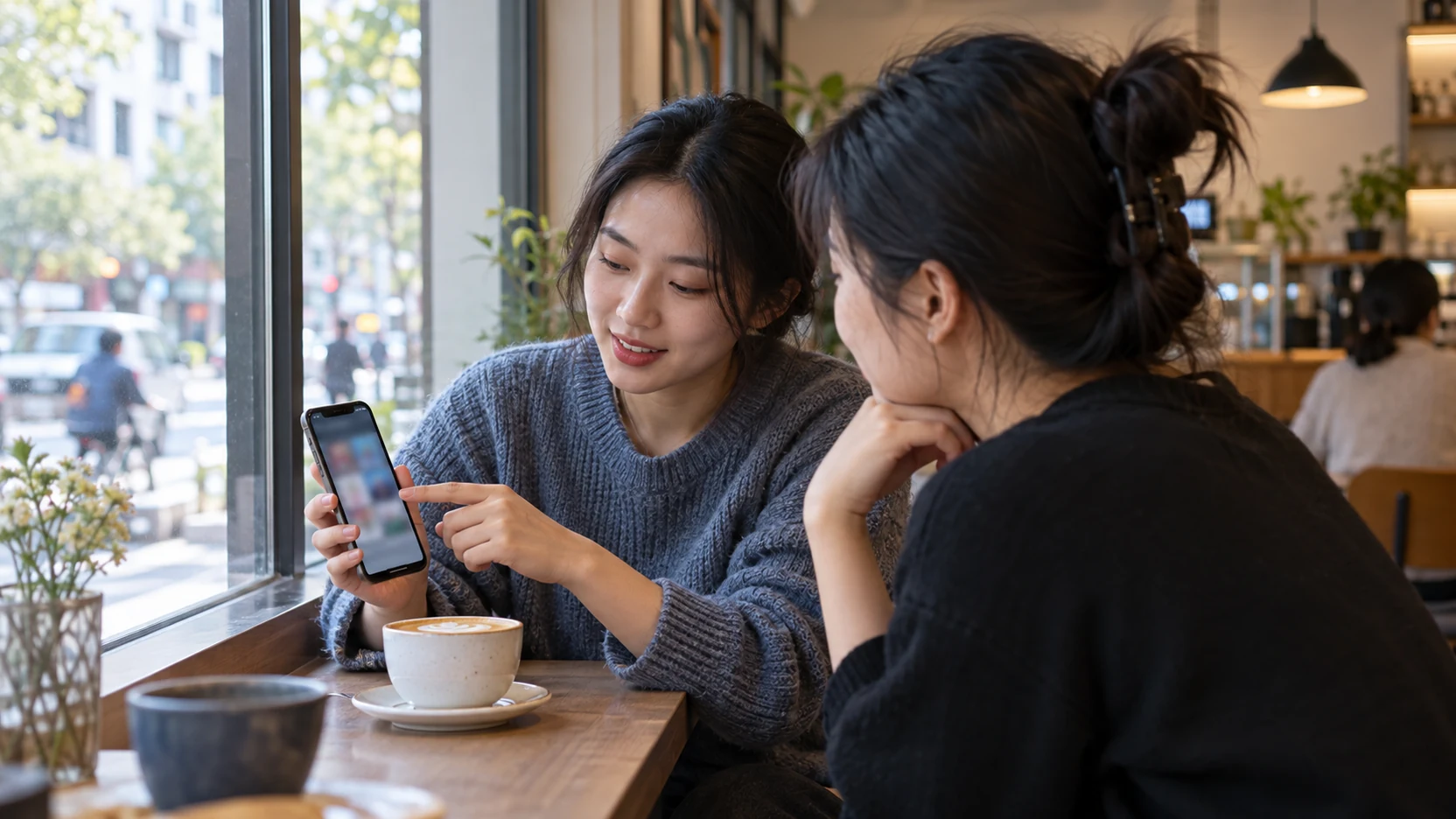 中国街区咖啡店里,一位女性向朋友展示手机,表现APP邀请与分享场景。