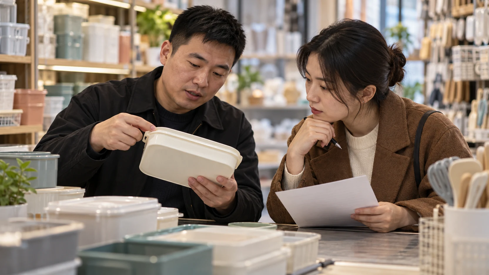 中国批发商铺中两位本地经营者查看无品牌商品样品和空白清单,表现货源合作沟通。