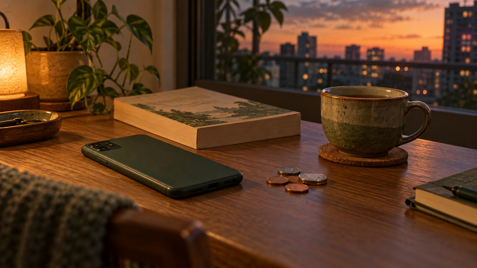 夜晚书桌上的手机、茶杯与零钱
