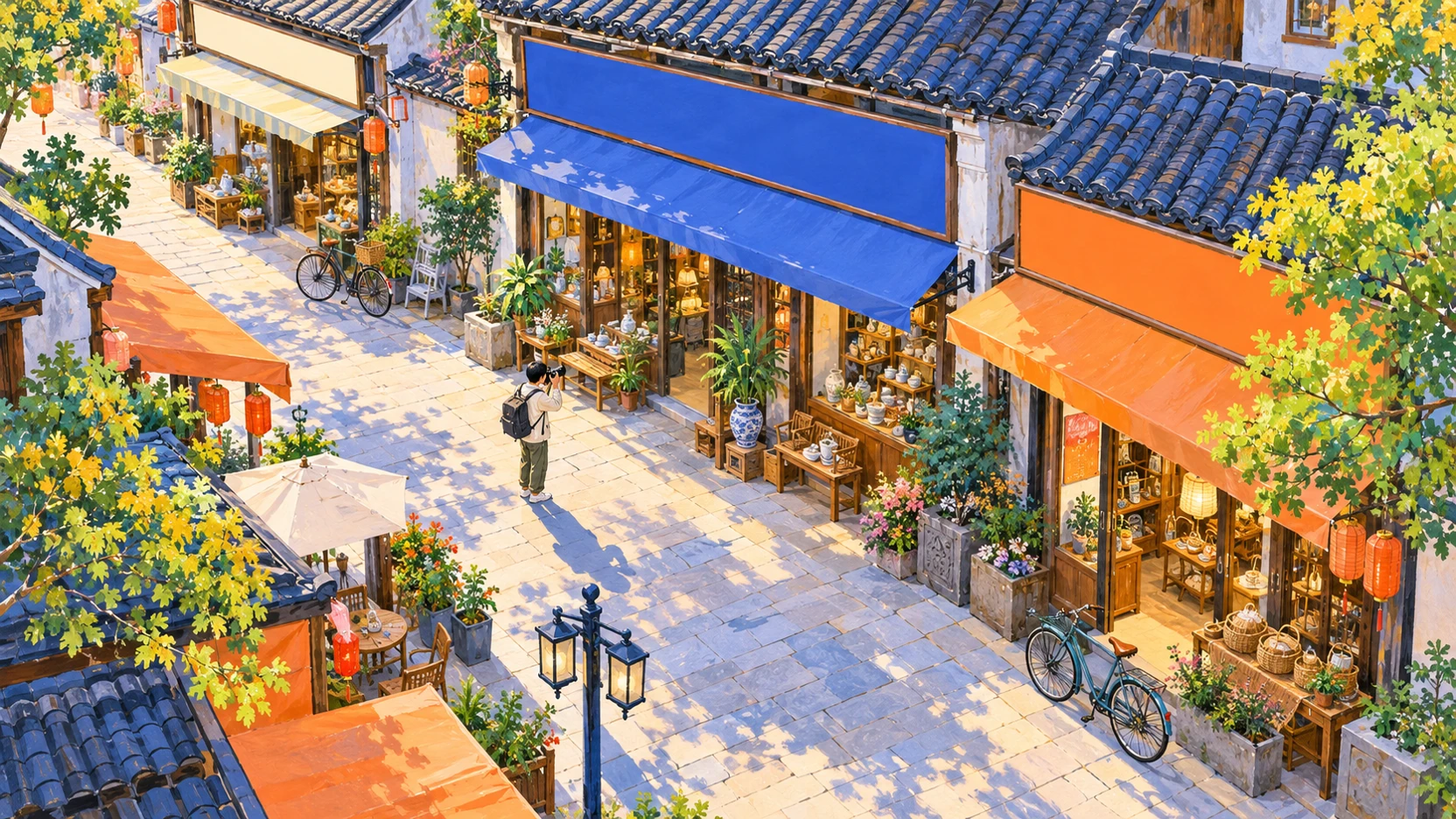 街道店铺和采集照片的俯视插画