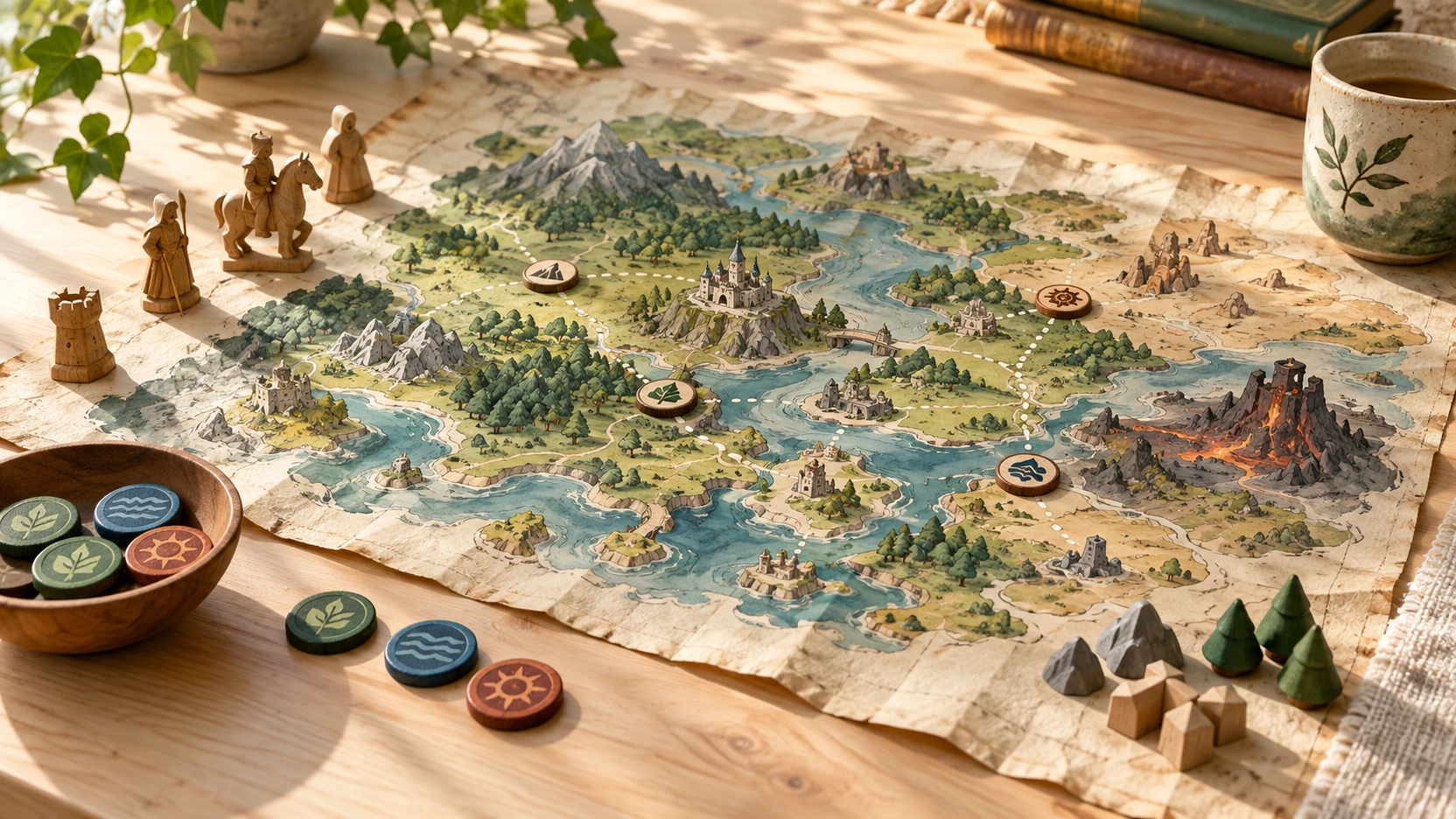 木桌上的棋子、道具和手绘地图