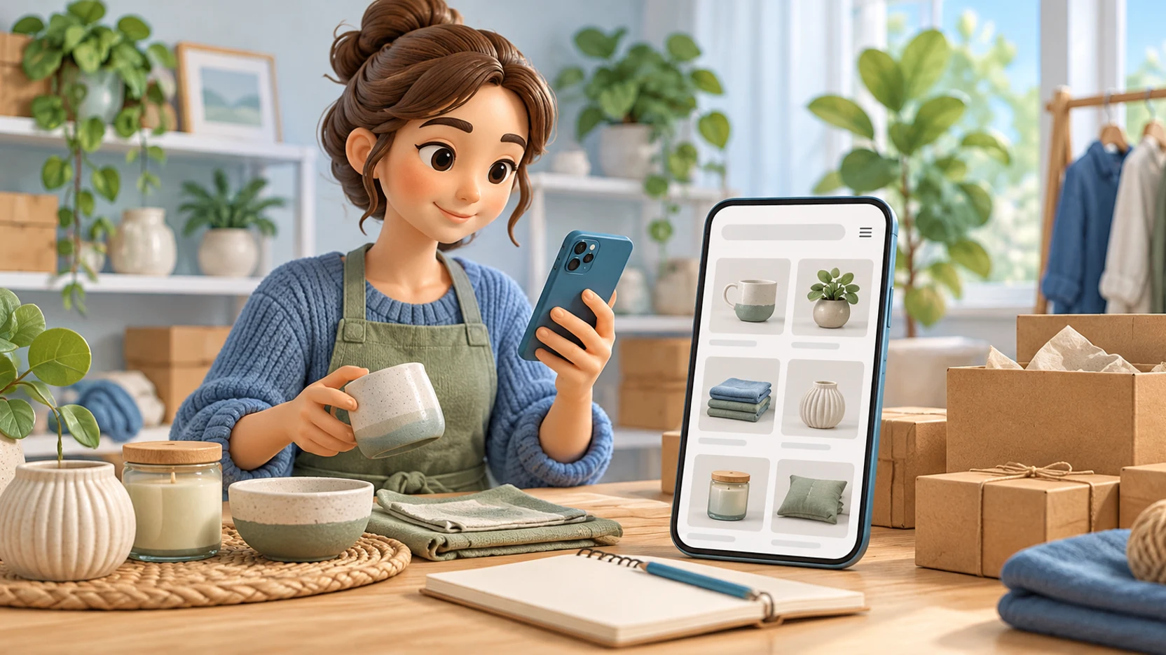 商家整理商品并查看手机店铺页面的示意图。